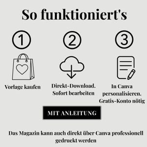 May include: An infographic with the title "So funktioniert's" and three numbered steps. Step 1 shows a shopping bag with a heart, step 2 a cloud with a downward arrow, and step 3 a document with a pencil. Text includes "Buy Template", "Direct Download", and "Personalize in Canva."