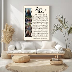 May include: A framed print with the text "80 reasons we love you" and family photos. The print is displayed above a white sofa with neutral-toned decor, including a woven rug and decorative plants. The text includes a list of reasons.