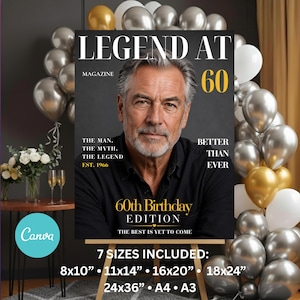 以下が含まれることがあります： グレーの髪と髭の男性のポートレートが描かれたポスターで、Legend at 60 Magazineと題されています。テキストにはThe Man, The Myth, The Legend, Est. 1966, Better Than Ever, 60th Birthday Editionが含まれています。サイズは8x10, 11x14, 16x20, 24x36, A4, A3と記載されています。