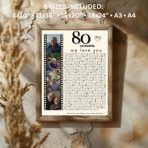 May include: A framed print with the text "80 reasons we love you" and family photos. The print includes the text "6 sizes included" with sizes ranging from 8x10 inches to A4. The bottom of the print reads "With all our love: Sophia, Emma, James and Noah."