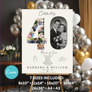 Könnte beinhalten: Ein 40-jähriges Jubiläumsplakat mit einer großen Zahl 40, die mit kleinen Fotos gefüllt ist, einem Schwarz-Weiß-Porträt eines Paares und Text, der 40 Jahre Liebe, das Hochzeitsdatum 1986 sowie die Namen Barbara und William angibt.