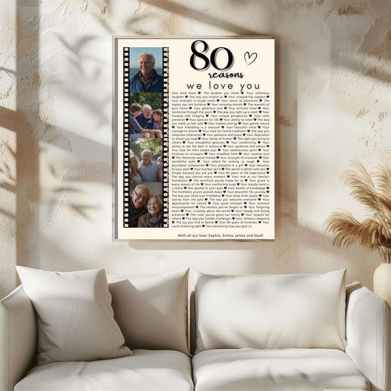 May include: A framed print with the text "80 reasons we love you" and a heart symbol. It includes a filmstrip of family photos. The bottom of the print reads "With all our love: Sophia, Emma, James and Noah."