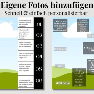 May include: A digital art print with German text, featuring a blue sky, green hills, and white clouds. The print includes text boxes with quotes and phrases like "Family Voices" and "Love."