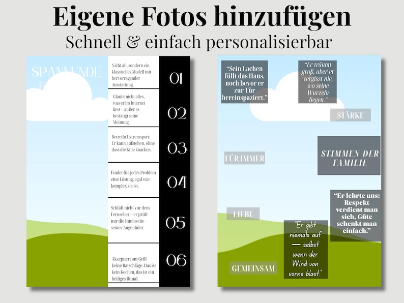 May include: A digital art print with German text, featuring a blue sky, green hills, and white clouds. The print includes text boxes with quotes and phrases like "Family Voices" and "Love."