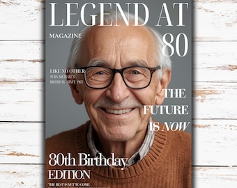 May include: Magazine cover featuring a smiling elderly man wearing glasses and a brown sweater. The headline reads "LEGEND AT 80." Additional text includes "80th Birthday EDITION" and "THE FUTURE IS NOW."
