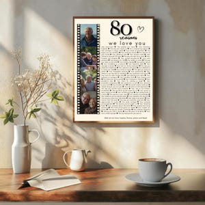 May include: Framed print with the text "80 reasons we love you" and family photos. The print has a brown frame and includes the names Sophia, Emma, James, and Noah. The background is a light beige color.