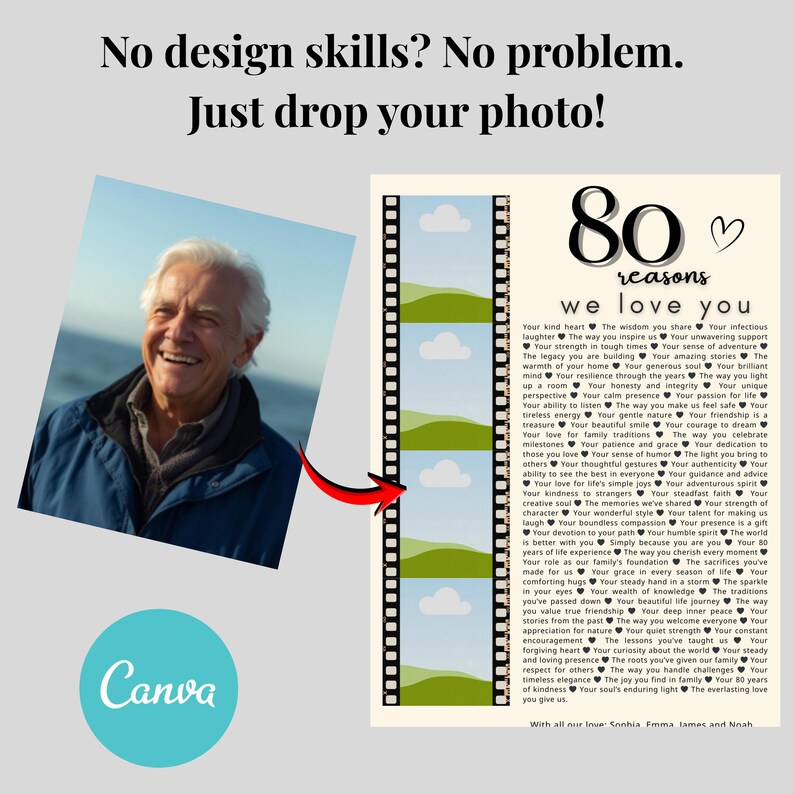 May include: A Canva-branded template with the text "No design skills? No problem. Just drop your photo!" features a photo of a smiling man. The template includes a filmstrip design with space for photos and a list of 80 reasons "we love you."