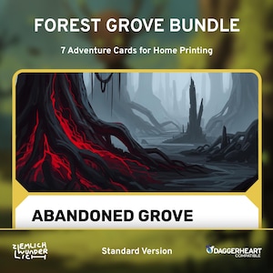 Könnte beinhalten: Abenteuerkarte "Abandoned Grove" aus dem "Forest Grove Bundle" mit einer düsteren Landschaft und einem knorrigen Baum. Für den Heimdruck konzipiert und kompatibel mit Daggerheart. Der Text lautet "7 Abenteuerkarten".
