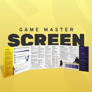 Könnte beinhalten: Ein vierseitiger Spielleiterschirm mit einem gelben linken Feld, weißen mittleren Feldern und einem dunkelvioletten rechten Feld. Der Schirm zeigt verschiedene Spielregeln, Tabellen und Illustrationen, mit dem Text GAME MASTER SCREEN darüber.