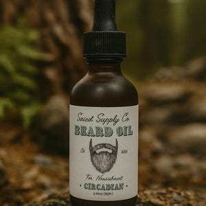 Puede incluir: Una botella de vidrio marrón de aceite para barba con un cuentagotas negro. La etiqueta dice "Saied Supply Co BEARD OIL" con una ilustración de barba y "For Nourishment CIRCADIAN". La botella contiene 60 ml.