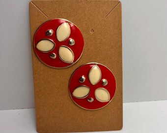 Vintage Red & Cream Floral Enamel Earrings