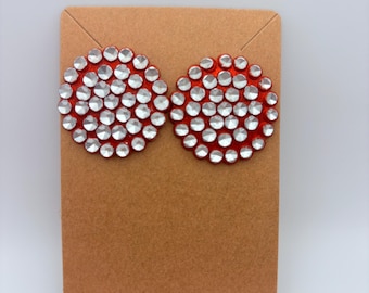 Vintage Faux Rhinestone Circle Earrings – Bold Red & Silver Metal Studs