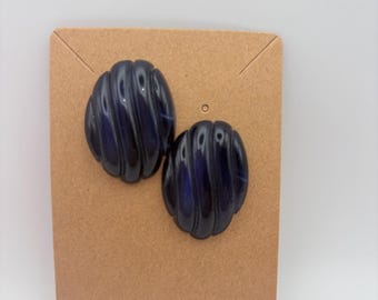 Retro Navy Blue Clip-On Earrings | 80s Ribbed Studs | Vintage Bold Statement Jewelry