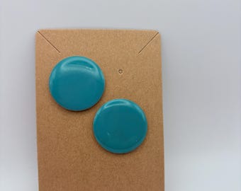 Retro Teal Post Earrings | 80s Round Glossy Studs | Vintage Bold Statement Jewelry
