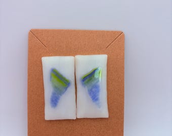 White Stone Earrings – Abstract Blue Green Modern Rectangles | Post Backs