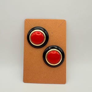 Vintage 1980&#39;s Red Button Earrings/Gold & Black Trim