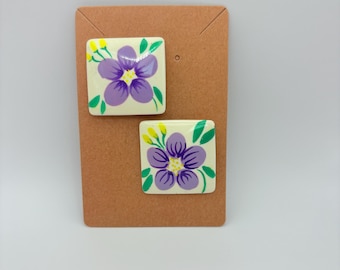 Vintage Hand-Painted Floral Post Earrings – Purple Flower Square Earrings, 80s Cottagecore Jewelry