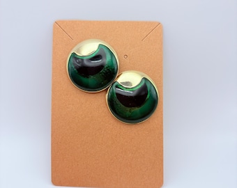 Vintage 1980s Green & Gold Swirl Statement Earrings – Bold Retro Post Earrings