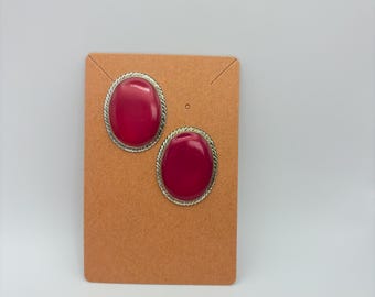 Vintage Red Cabochon Earrings: 80s Silver Rope Trim Studs