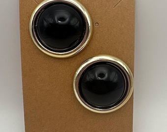 Vintage 1980's Black Button Earrings/Gold Trim