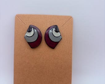 Maroon & Gray Enamel Earrings – Vintage Geometric Post Back Studs