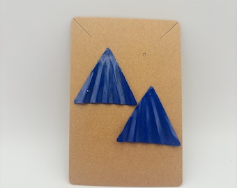 Vintage Blue Triangle Post Earrings – Metal Fan Shape, 80s Jewelry with Paint Chips