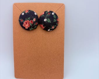 90s Floral Fabric Button Earrings – Vintage Round Studs