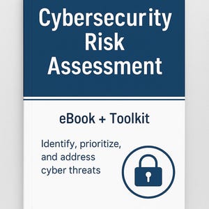 Puede incluir: Un libro titulado "Cybersecurity Risk Assessment" con una sección superior azul oscuro y una sección inferior blanca. También se ve el texto "eBook + Toolkit" y "Identify, prioritize, and address cyber threats". Hay un icono de candado.