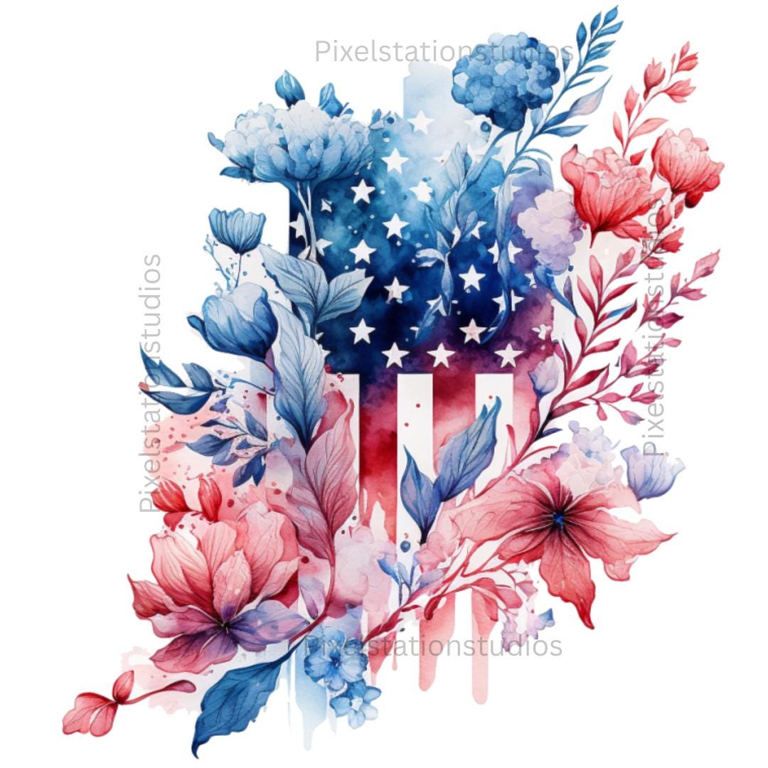 American Flag Floral Water Colour Patriotic 4th of July Red White and ...