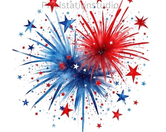 May include: Watercolor illustration of red and blue fireworks bursting with star accents. The design features a white background with the text "Pixelstationstudio" in the upper left corner. The image is perfect for patriotic themes.