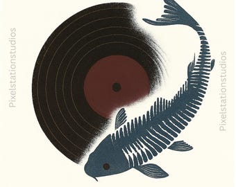 Minimalistische print van koivissen en vinylplaten – Japans geïnspireerde muziekkunst, blauwe en rode muurdecoratie, digitaal A4, A3, 2:3-verhouding