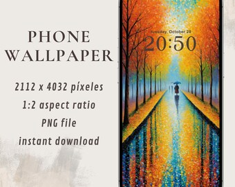 Pointillism Autumn Path Wallpaper | Romantic Rainy Forest Phone Background | Digital Art PNG Download