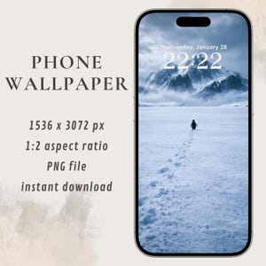 May include: Phone wallpaper featuring a serene winter landscape with a penguin walking on snow. The phone screen displays a snowy mountain scene under a cloudy sky. The time is 22:22 on Wednesday, January 28. The text reads "PHONE WALLPAPER".