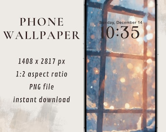 水彩画の冬の壁紙 | 雪と暖かい光のある窓 | 携帯電話用の居心地の良い芸術的な壁紙