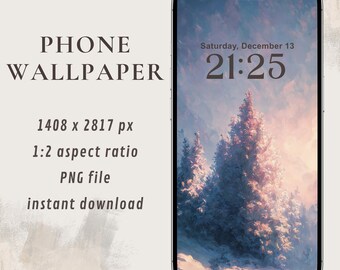 水彩画の冬の壁紙 | 夕焼けの雪景色の木 | 冬の美しいモバイル壁紙