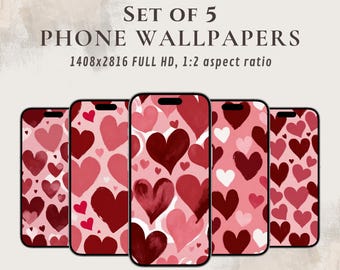 Watercolor heart wallpapers for mobile phones, digital set of 5 romantic wallpapers