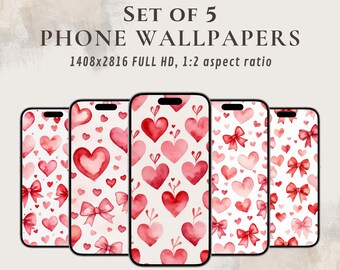 Watercolor heart wallpapers for mobile phones, digital set of 5 romantic wallpapers