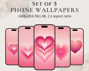 Set of 5 Mobile Wallpapers – Pink Gradient Hearts | Valentine's Day