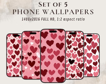 Watercolor heart wallpapers for mobile phones, digital set of 5 romantic wallpapers