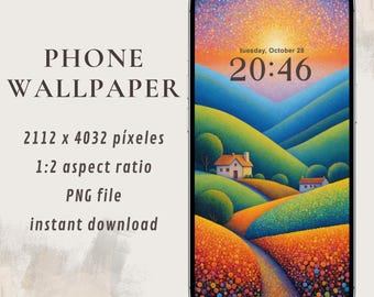 Pointillism Hills Landscape Wallpaper | Vibrant Sunset Nature Art Phone Background | Digital Download PNG