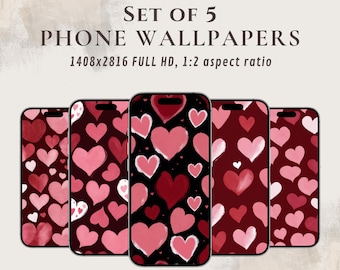 Watercolor heart wallpapers for mobile phones, digital set of 5 romantic wallpapers