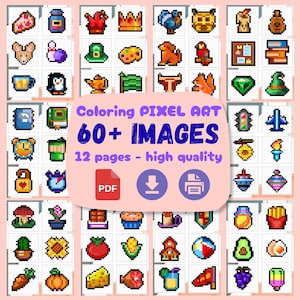 Puede incluir: Portada de un libro para colorear digital con imágenes de pixel art. La portada incluye el texto "Coloring Pixel Art 60+ Images 12 pages - high quality" e iconos de PDF, descarga e impresión. Las imágenes son de varios objetos y símbolos.