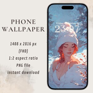 Puede incluir: Fondo de pantalla digital para teléfono con una serena escena invernal, una mujer con sombrero y piel blancos. La imagen incluye el texto "PHONE WALLPAPER", detalles de resolución y "descarga instantánea". El teléfono muestra la fecha y la hora.