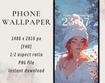 Winter Wallpaper with Dreamy Girl | Artistic Illustration in the Snow | Aesthetic Wallpaper for Mobile Phone