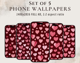 Watercolor heart wallpapers for mobile phones, digital set of 5 romantic wallpapers