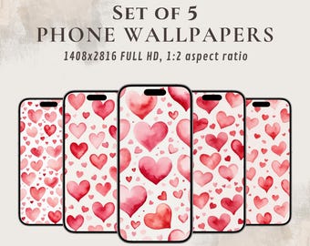 Watercolor heart wallpapers for mobile phones, digital set of 5 romantic wallpapers
