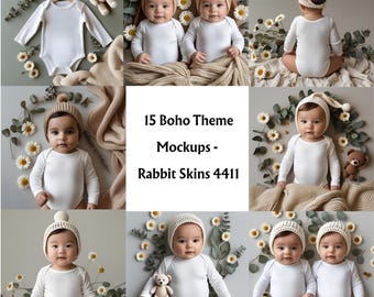 Zestaw 15 makiet boho dla niemowląt | Skórki królika 4411 | Body niemowlęce, bliźniacze i płaskie | Styl neutralny i boho | Makiety dla sprzedawców na żądanie