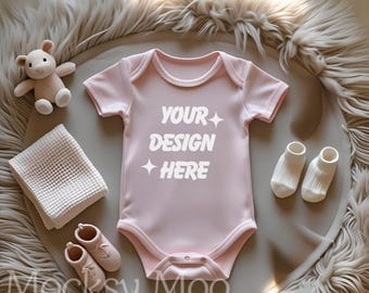 Pink Baby Bodysuit Mockup | Light Pink Rabbit Skins 4424 Bodysuit | POD & Small business Mockup