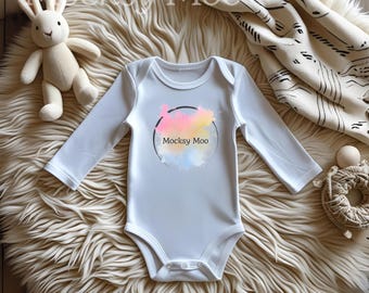Boho Baby Mockup | White Long Sleeve Infant Bodysuit Mockup | Rabbit Skins 4411 Style | Neutral Nursery Flat Lay with Bunny Toy