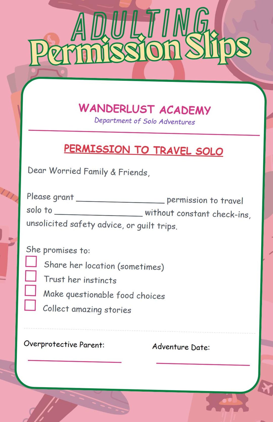 Funny Travel Permission Slips for Women Solo Traveler Gift (PDF) Etsy